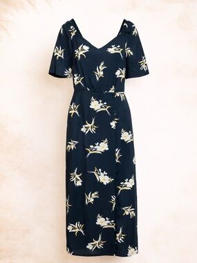 Sam Edelman Navy Floral Midi Dress Flowy V-Neck Dress Short Sleeve Island Girl